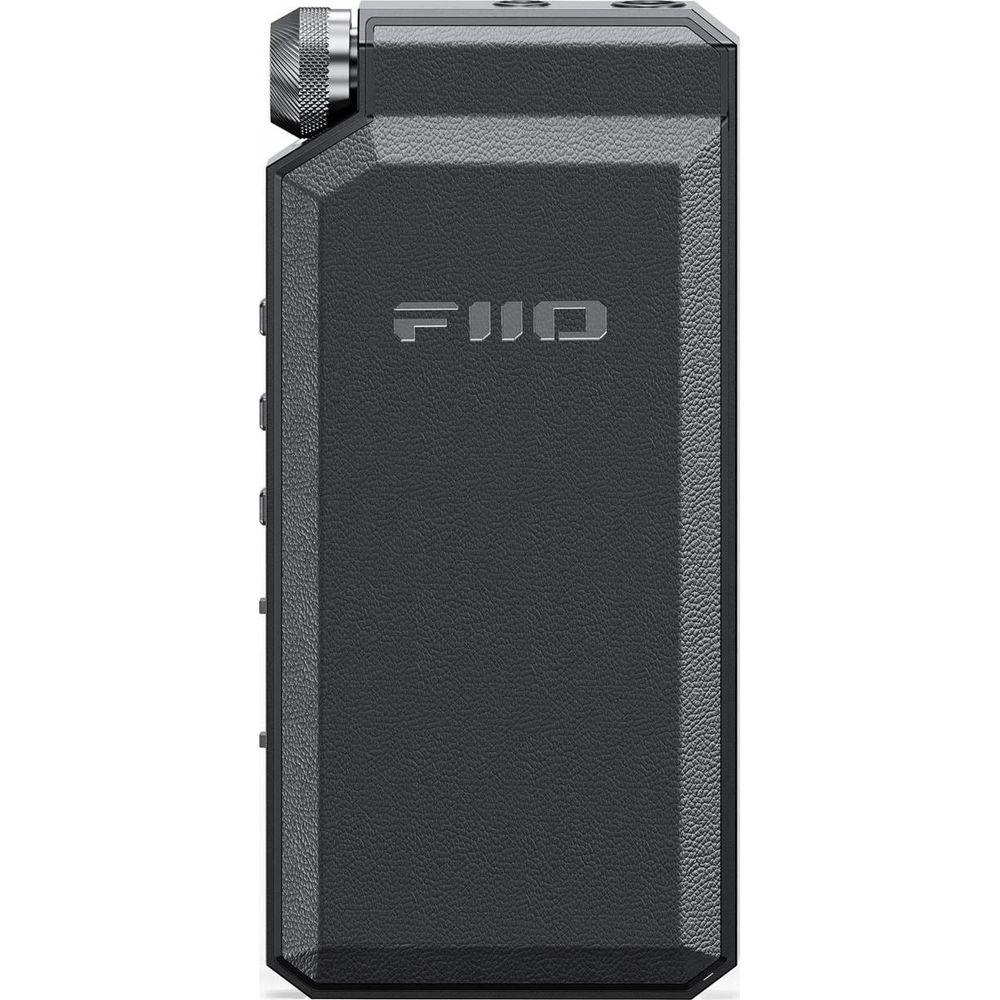 Dispositivo de audio rectangular negro con perilla moleteada arriba y logo FiiO en relieve.
