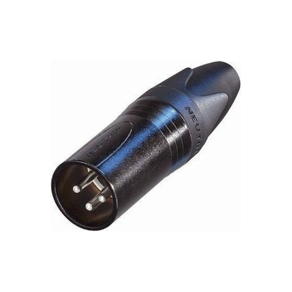 Connettore XLR nero a tre pin, su sfondo bianco.