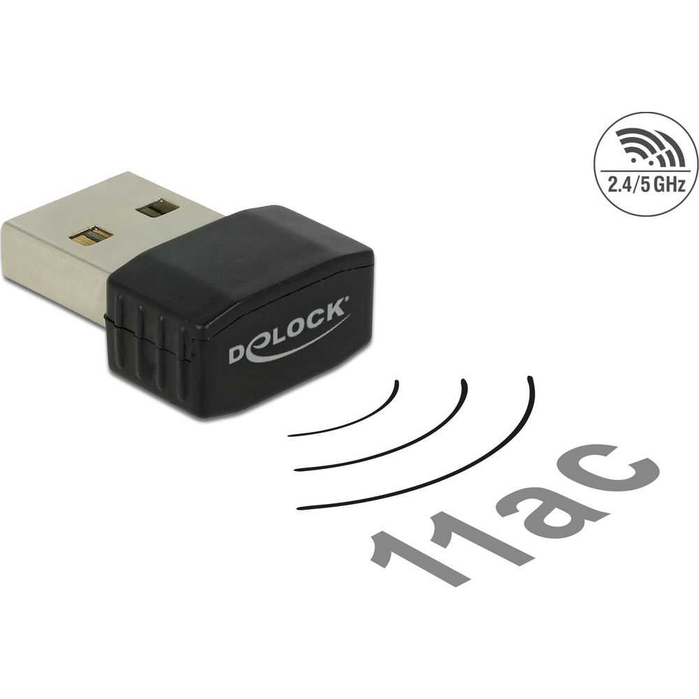 Czarny adapter Wi-Fi USB z logo "Delock" i tekstem "11ac".