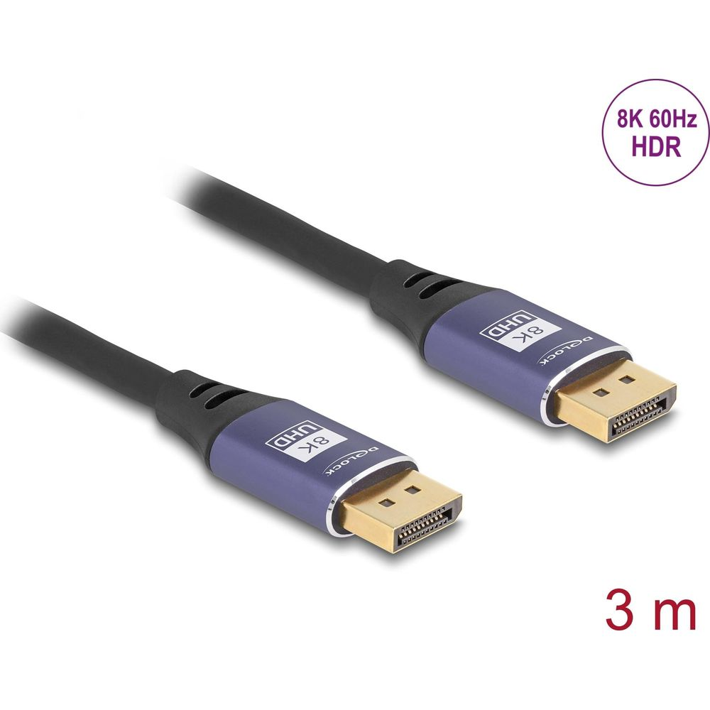Ein schwarzes 3m langes DisplayPort-Kabel mit blauen Steckern, 8K UHD HDR.