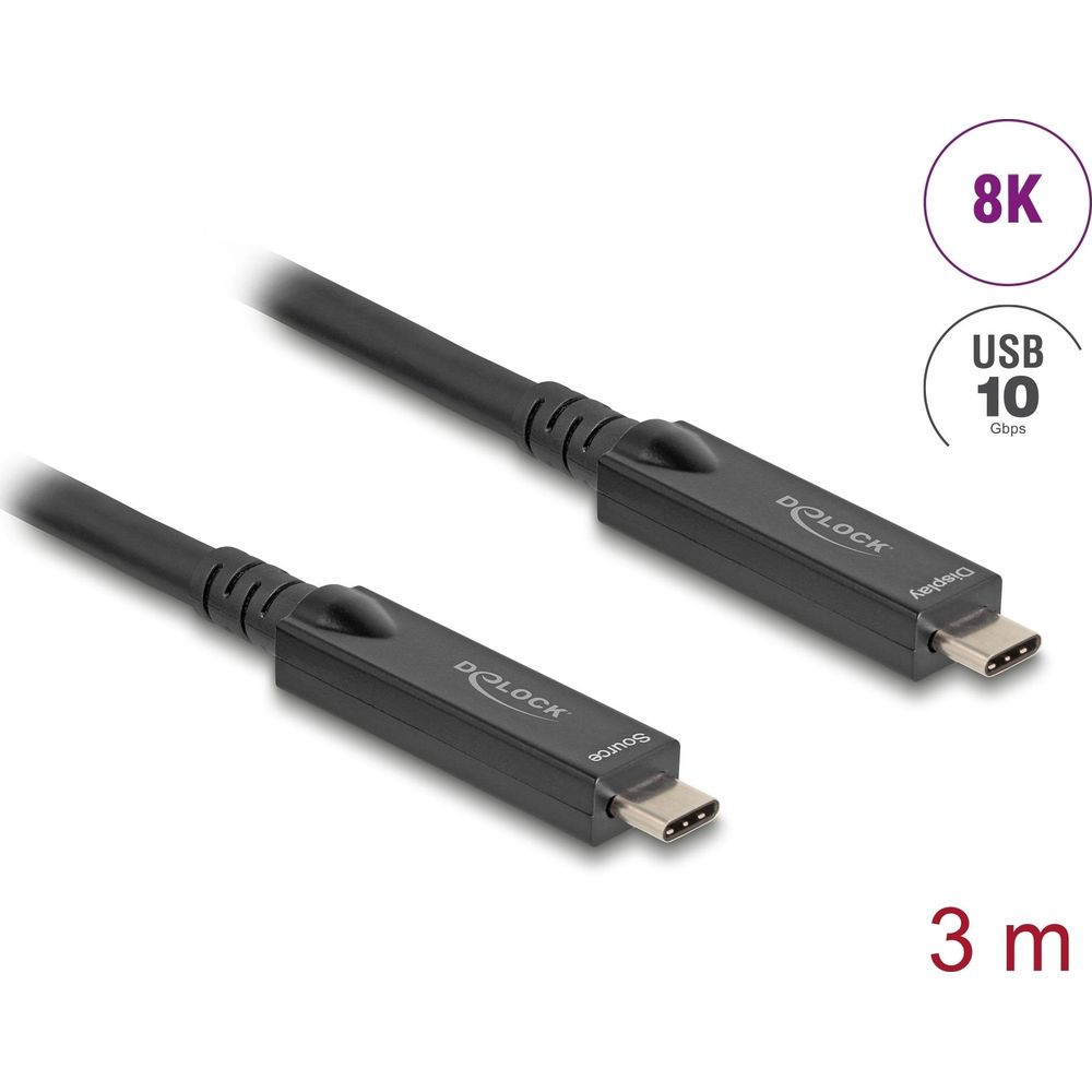 Ein schwarzes USB-C-Kabel mit 3m Länge, 8K, USB 10 Gbps.