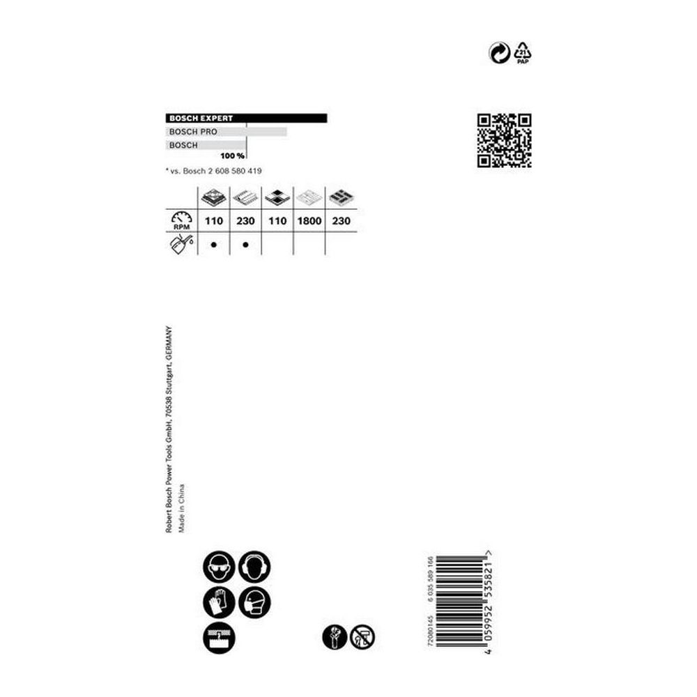 Tabela wydajności Bosch Expert Pro z RPM, ikonami i kodem QR.