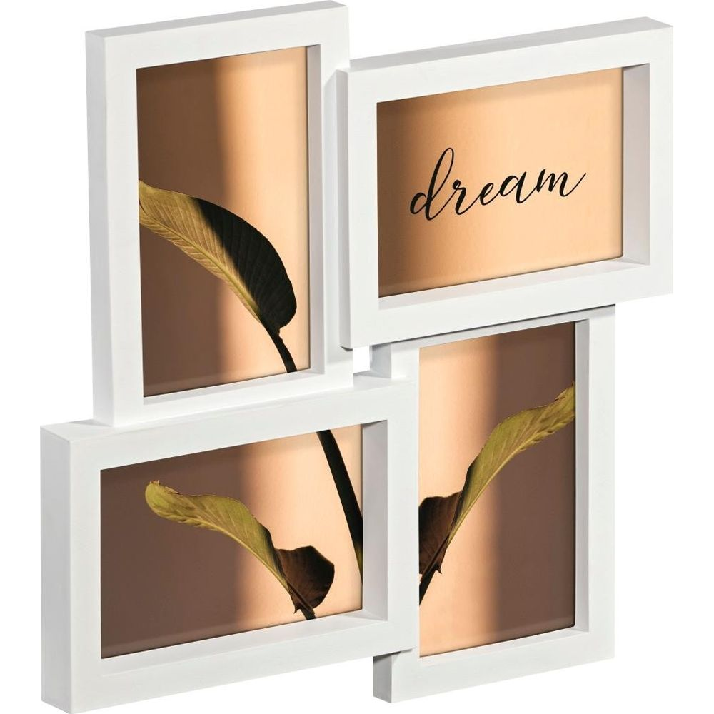 Biała ramka na zdjęcia z czterema obrazami liści na beżowym tle.