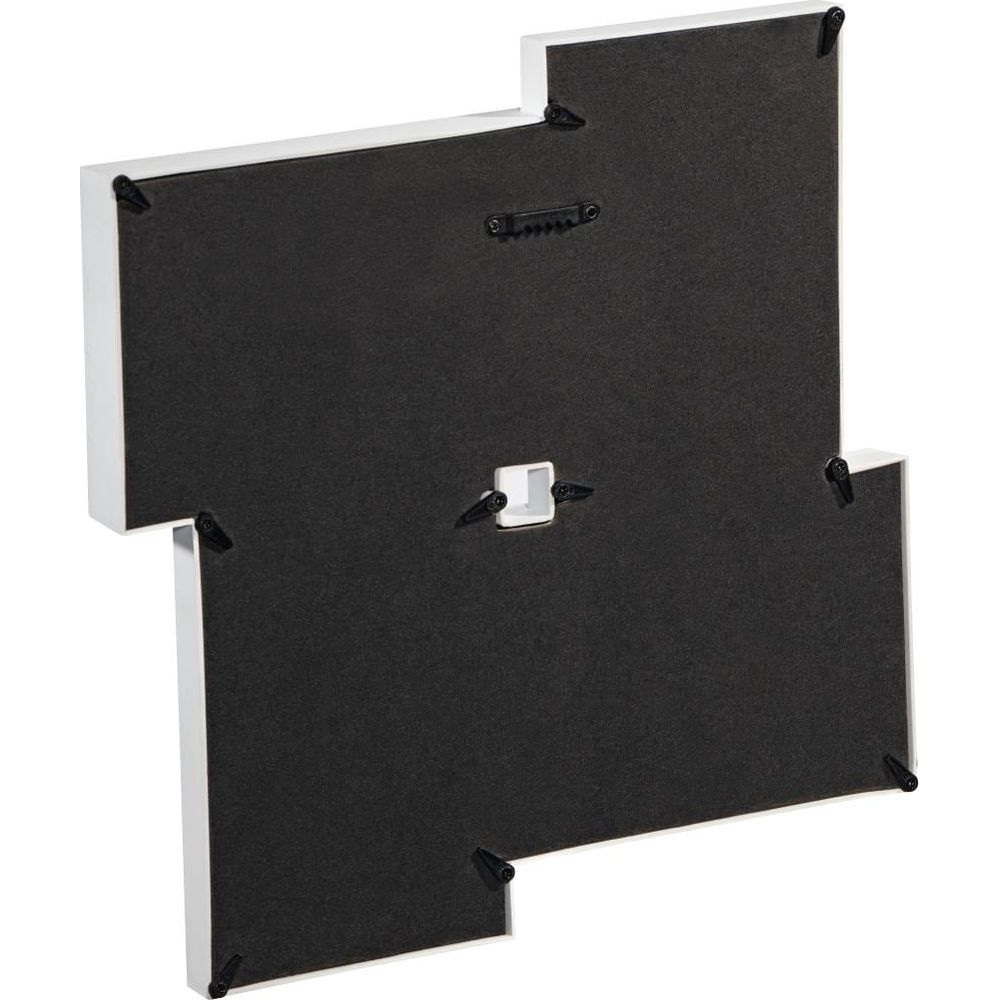 Tył białej ramki na zdjęcia z czarną wkładką i klipsami mocującymi.