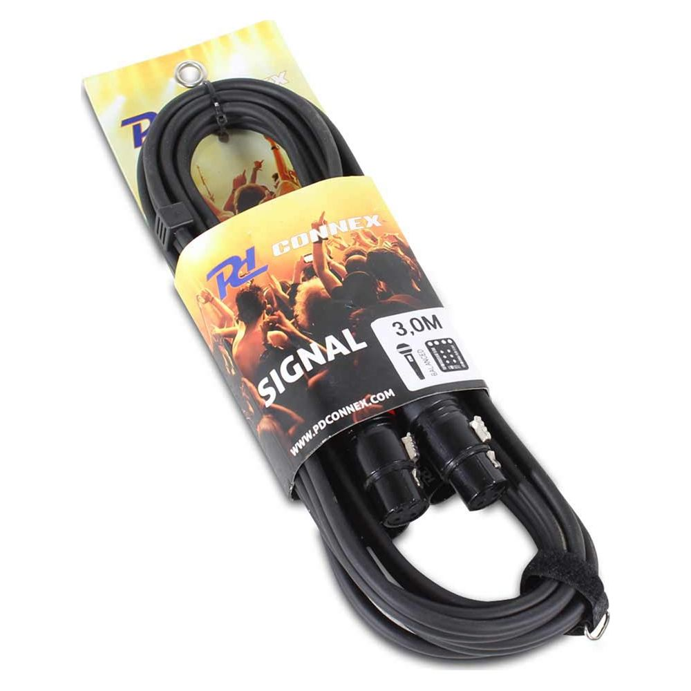 Cable de audio de señal negro de 3,0 m con conectores XLR, en embalaje.