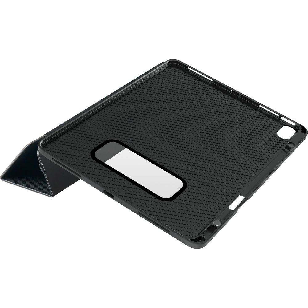 Schwarze Tablet-Hülle mit Wabenmuster und Fenster für die Kamera.