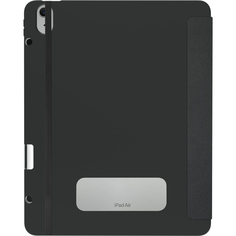 Ein schwarzes iPad Air Cover mit einer strukturierten Kante und einem silbernen Logo.