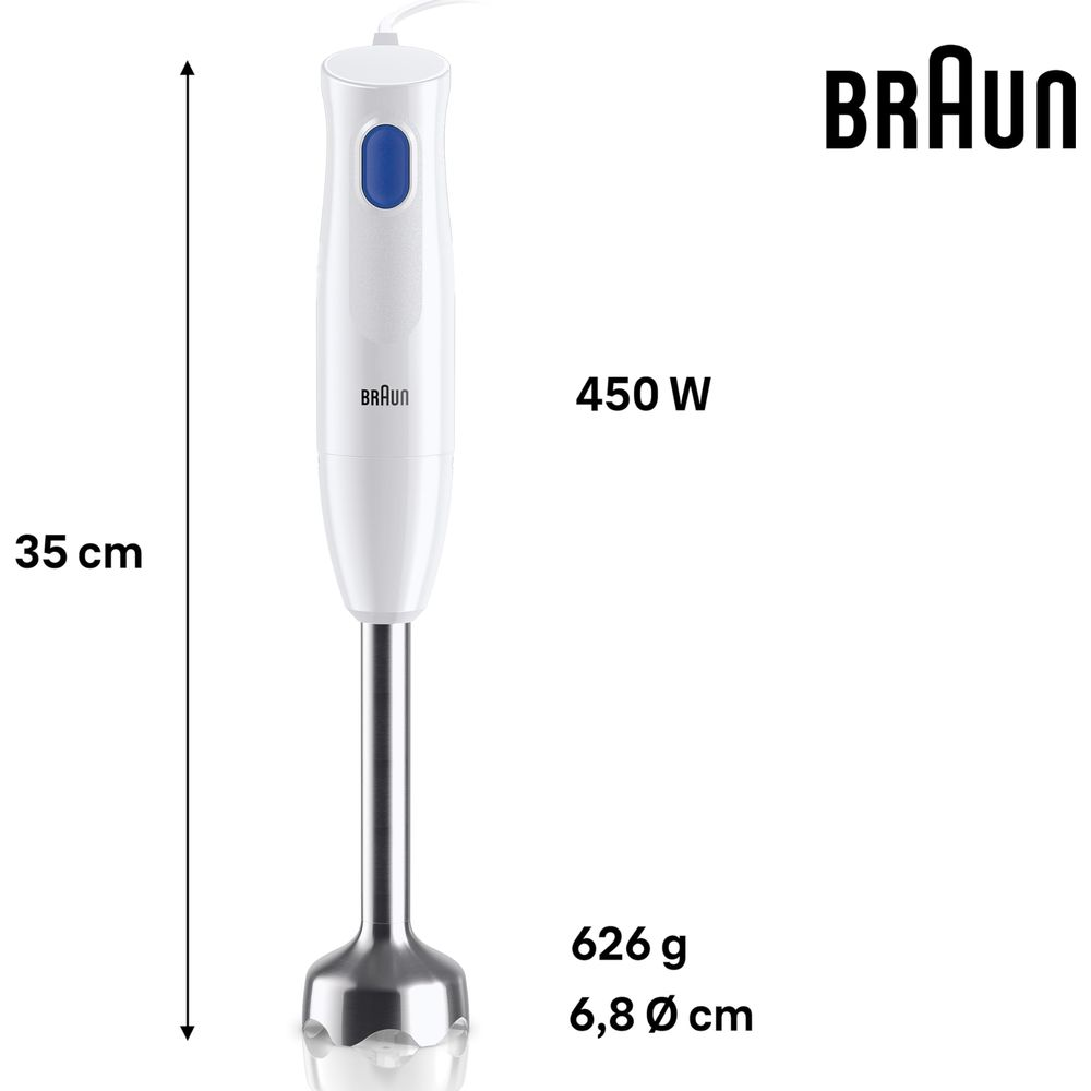 Biały blender ręczny Braun, długość 35cm, z niebieskim przyciskiem. 450W.