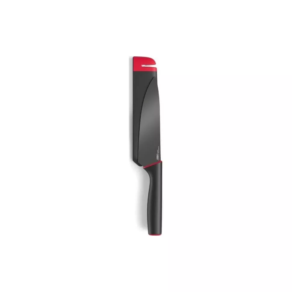 Cuchillo negro con mango y protector de hoja rojos.
