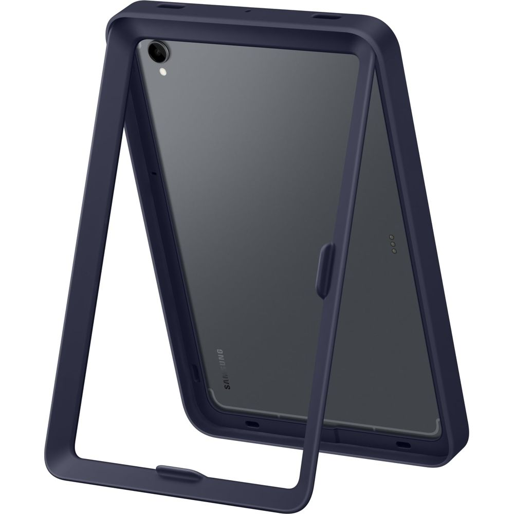 Ciemnoniebieskie etui na tablet z wbudowaną podstawką. Chroni urządzenie.
