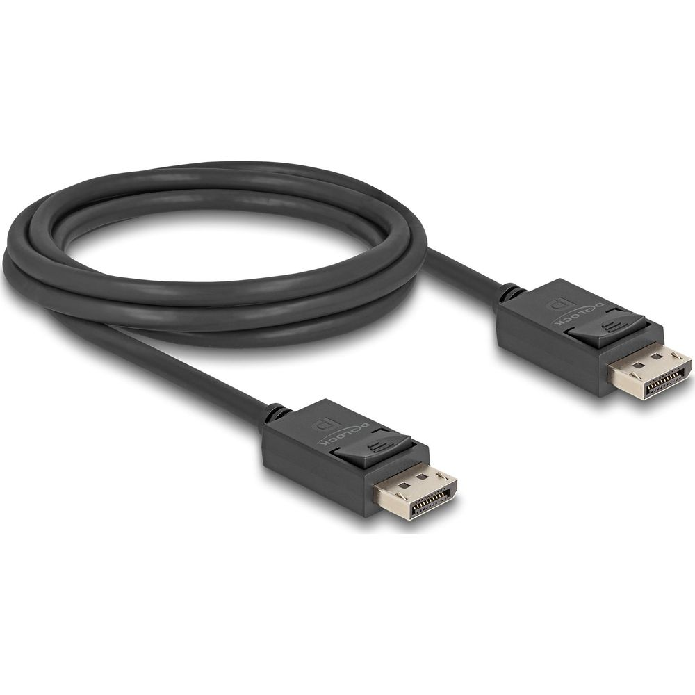 Ein schwarzes DisplayPort-Kabel mit zwei Anschlüssen auf weißem Hintergrund.