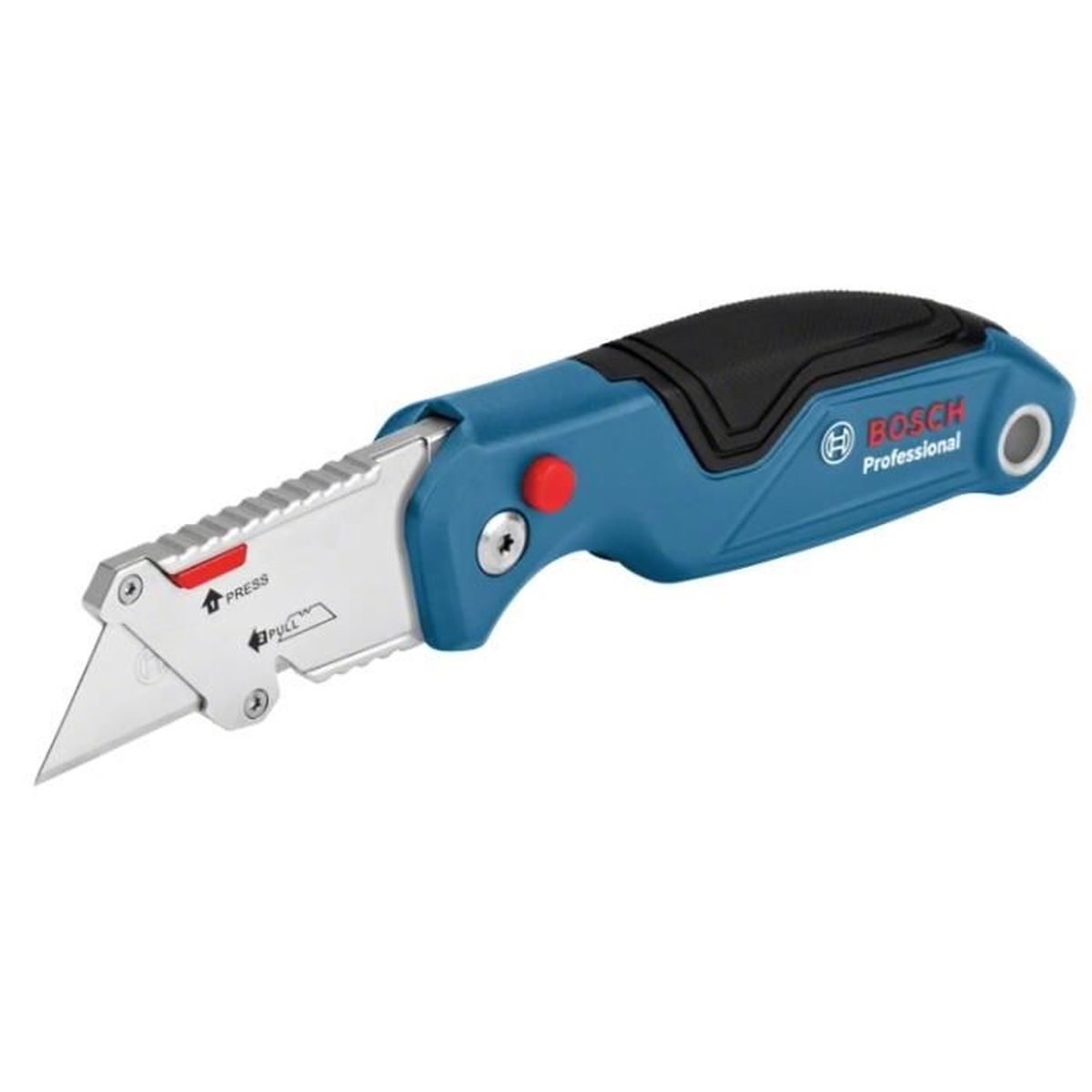 Blauer Bosch Professional Klappmesser mit ausgefahrener Klinge und roten Knöpfen.