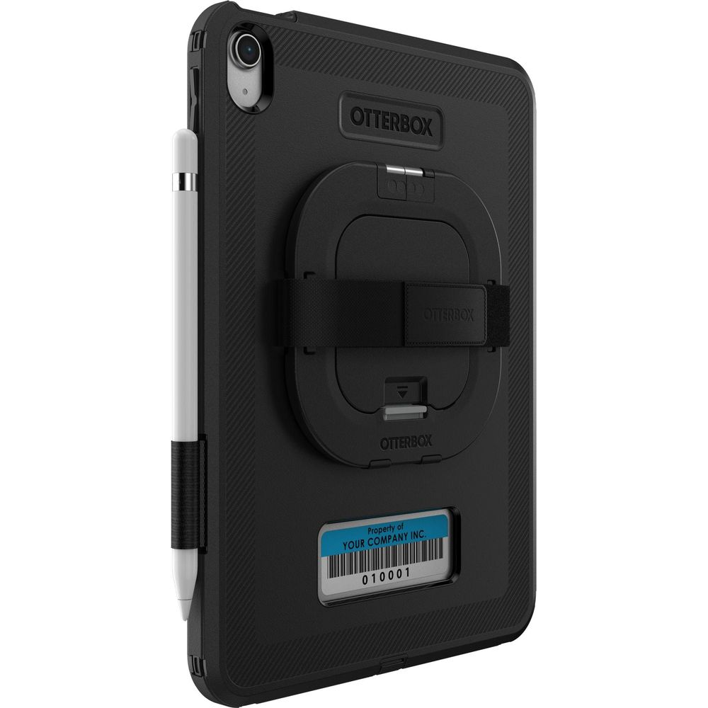 Étui noir pour tablette Otterbox avec support de stylet et étiquette d'inventaire.