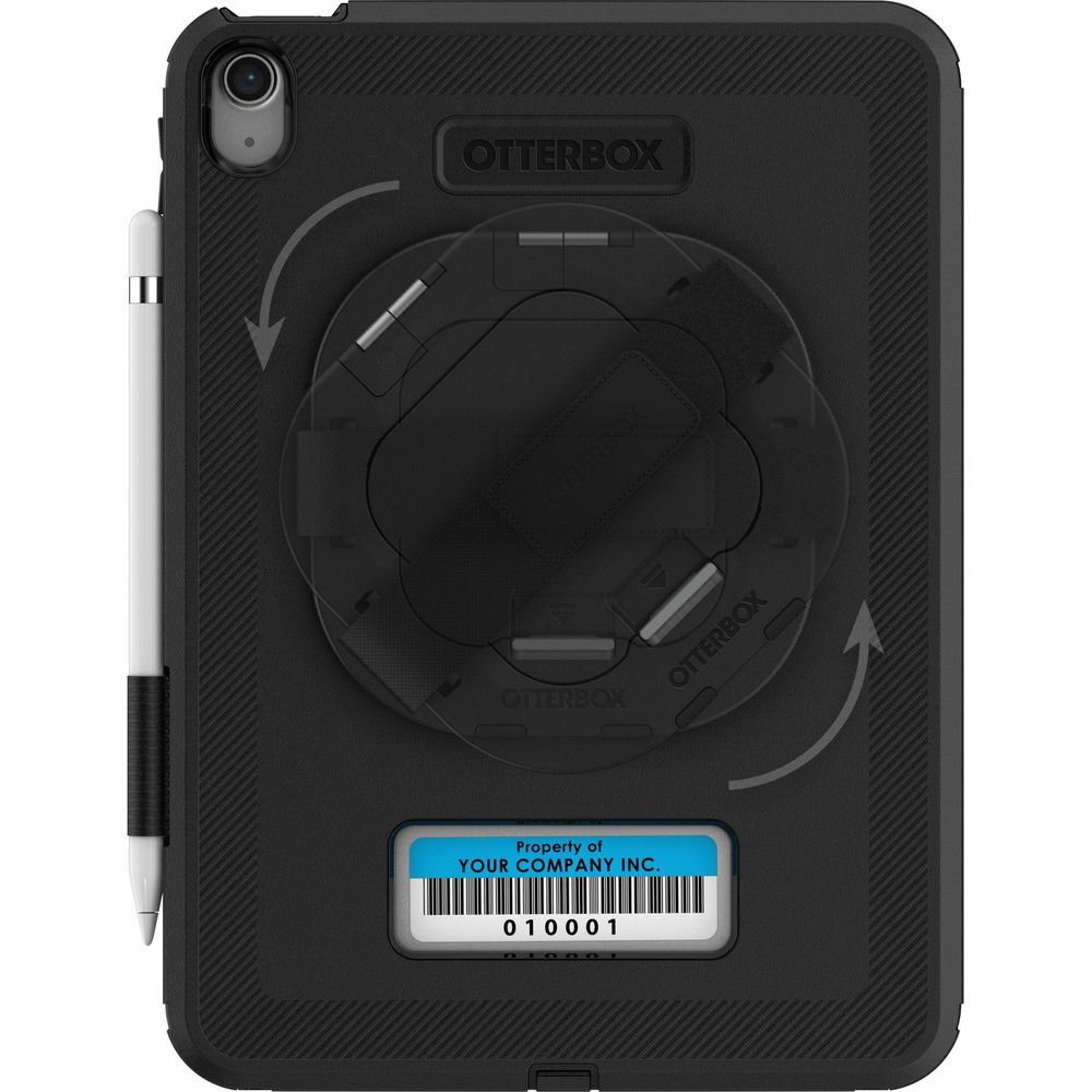 Support tablette OtterBox noir avec stylet et étiquette de propriété.