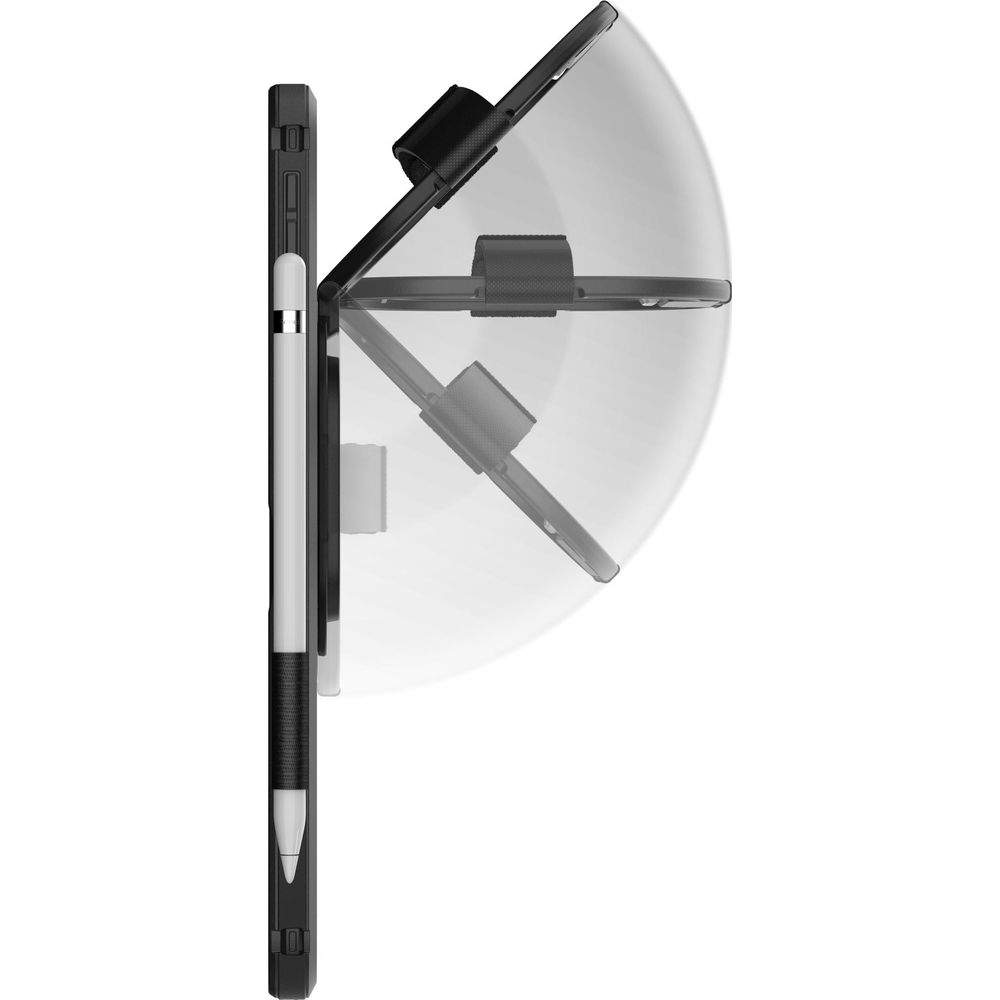 Une tablette noire avec support pour stylet, montrée en train de s'ouvrir. Un stylet est visible.