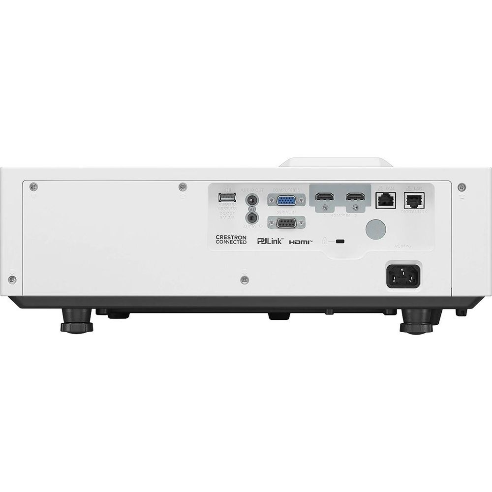 Rückseite eines weißen Projektors mit Anschlüssen wie USB, HDMI, LAN und Strom.