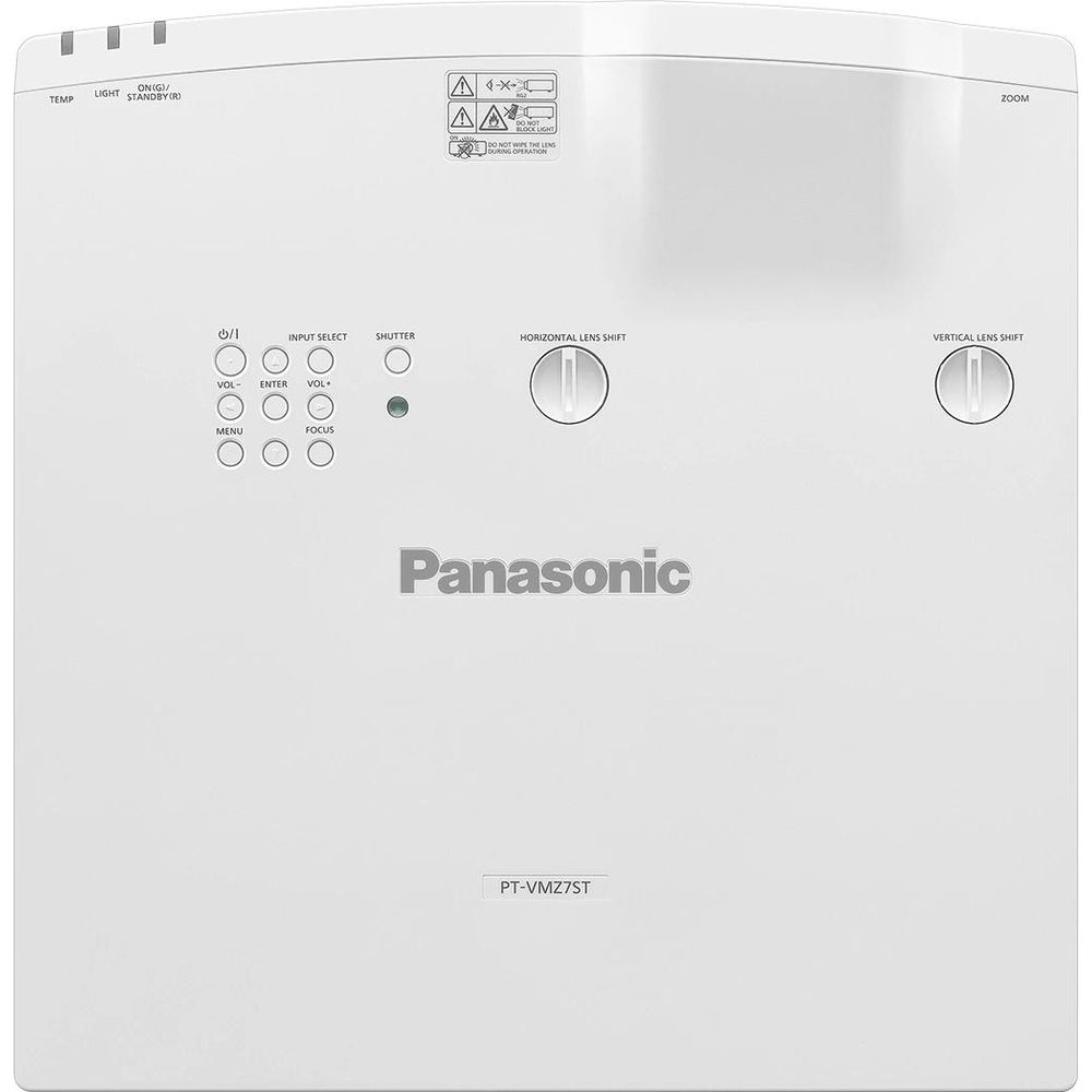 Ein weißer Panasonic Projektor mit Tasten, Reglern und dem Panasonic Logo.