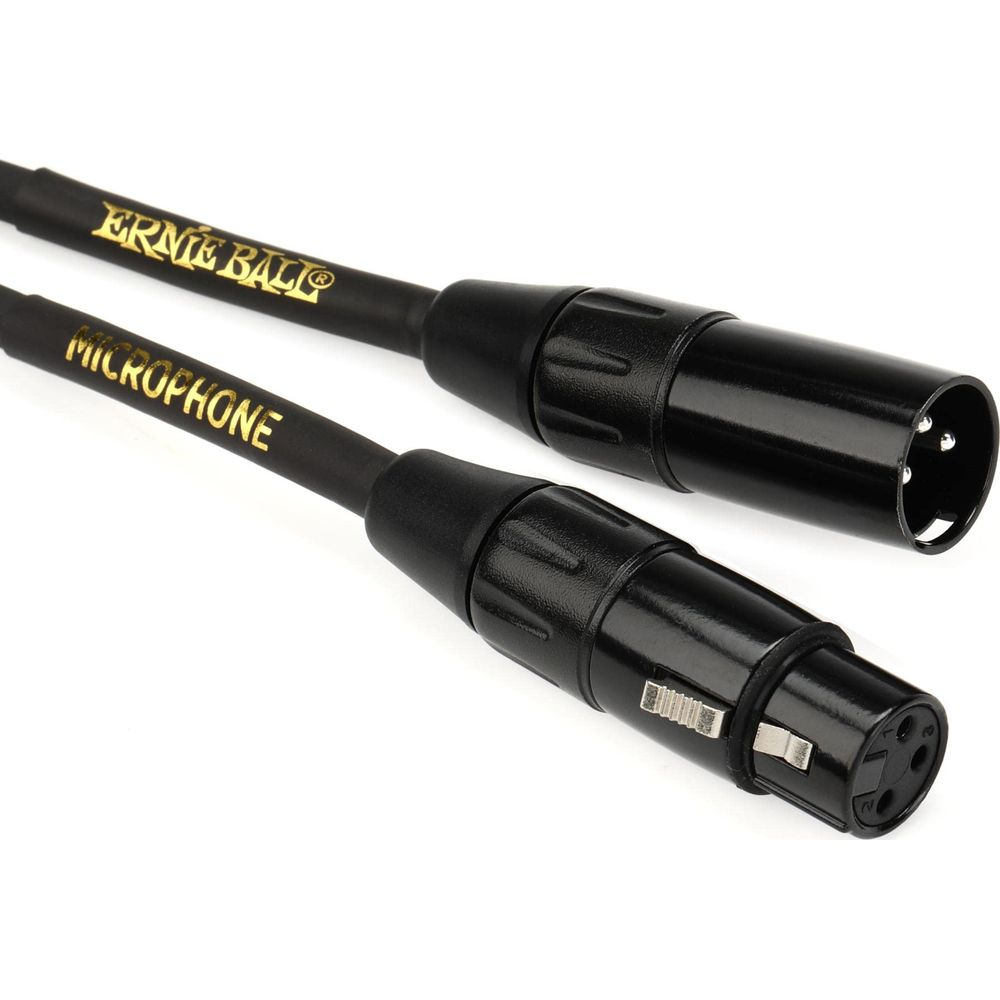 Due cavi microfono XLR neri con scritte dorate. Marca Ernie Ball.