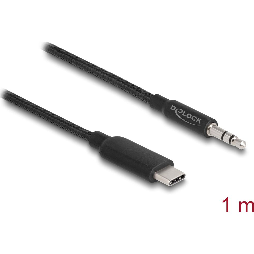 Un cable negro de 1m con conectores USB-C y jack de 3,5mm.