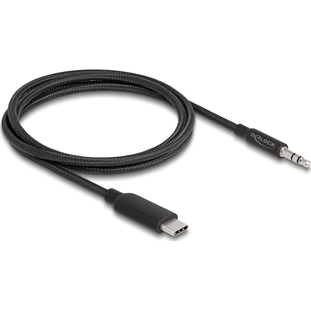 Cable negro con conectores USB-C y jack de 3,5mm.