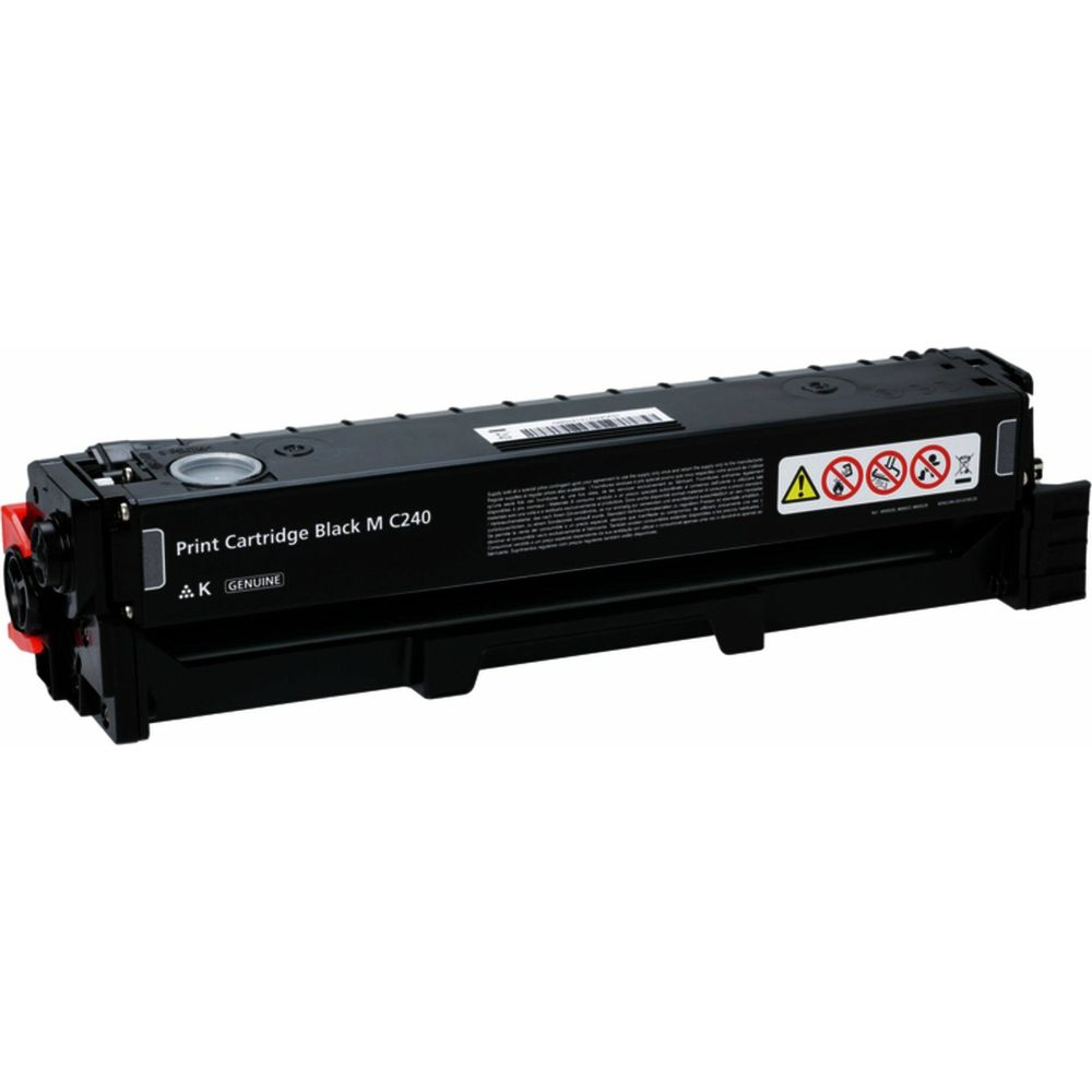 Czarny wkład drukujący M C240 z symbolami ostrzegawczymi, na białym tle.