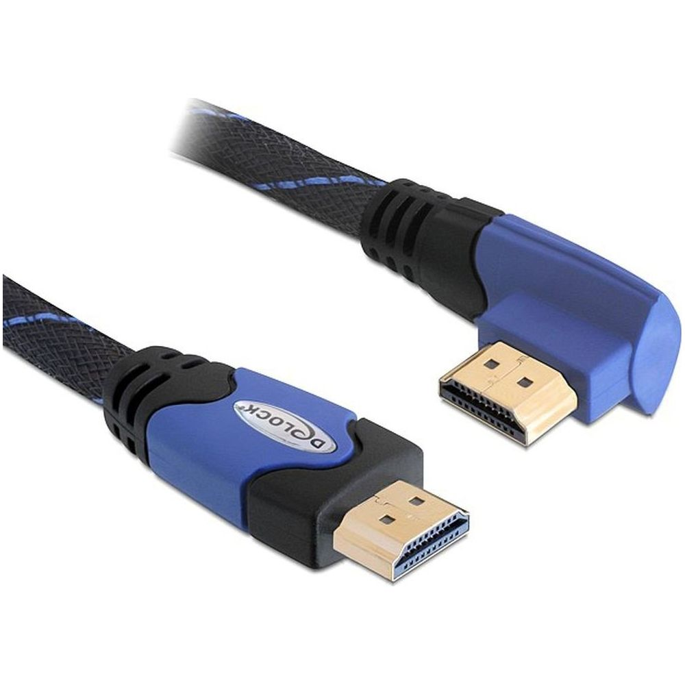 Twee HDMI-kabels met blauw-zwart vlechtwerk en hoekconnectoren.