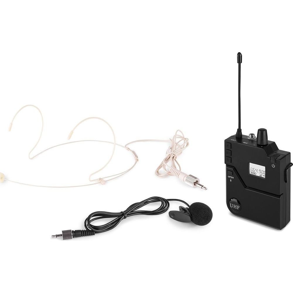 A black wireless transmitter with antenna, microphone, and headset.