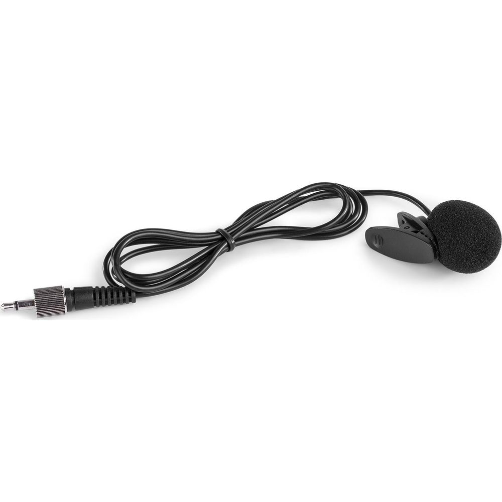 A black lapel microphone with cable and jack plug on a white background.