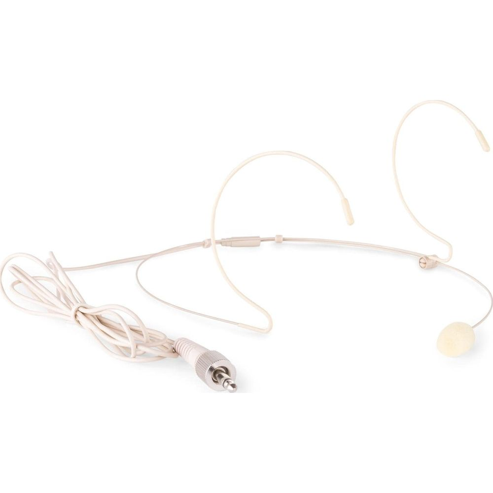 Beige headset microphone with a coiled cord and a 3.5mm jack.