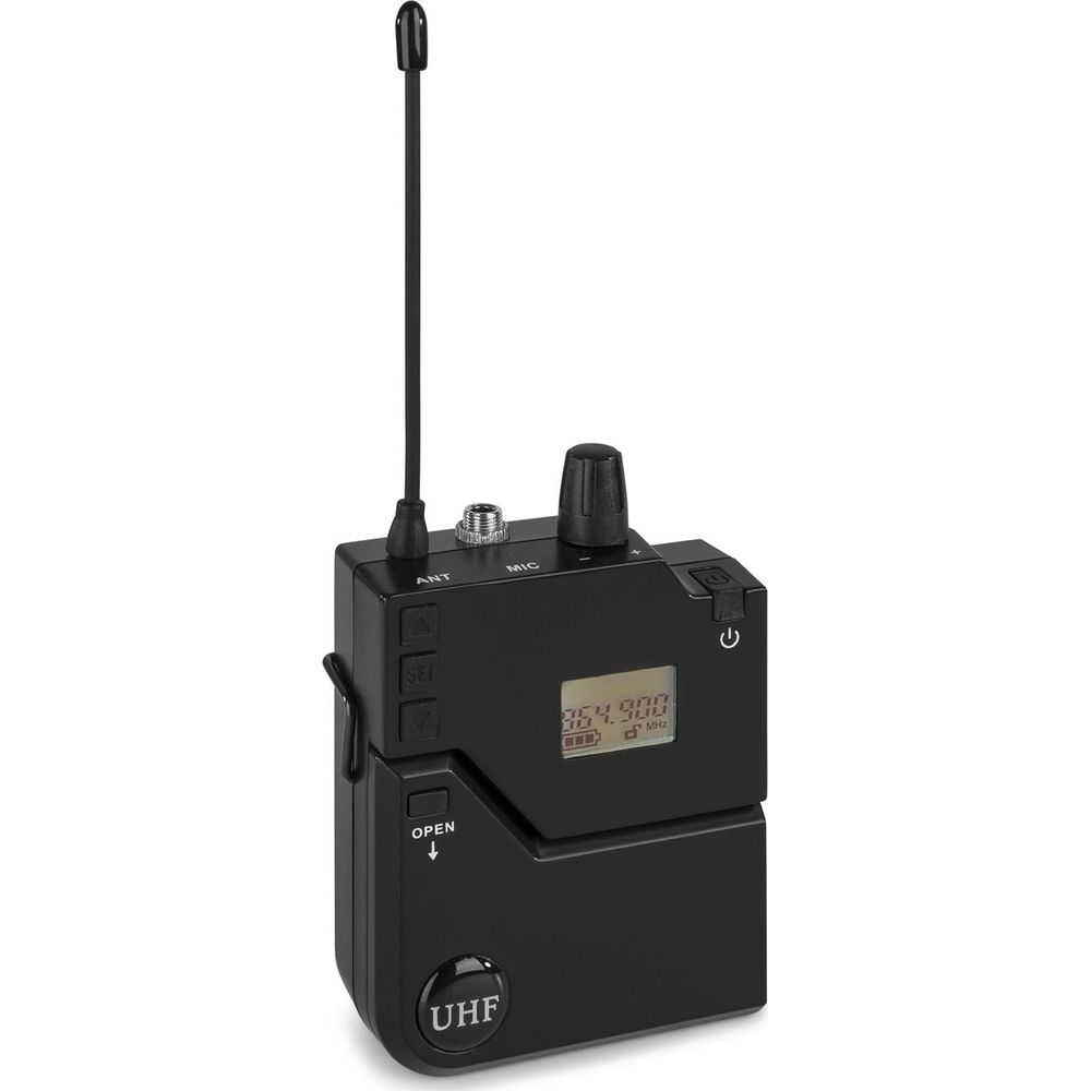 A black UHF wireless microphone with antenna, screen, and buttons.