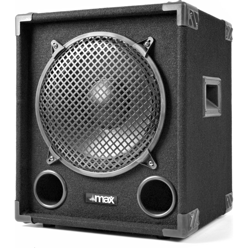 Caja de altavoz negra con rejilla plateada y dos puertos bass reflex.
