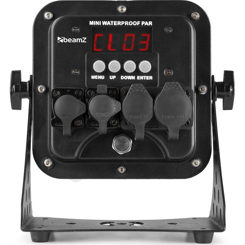 Un Beamz Mini Waterproof Par negro con conexiones DMX y de alimentación.
