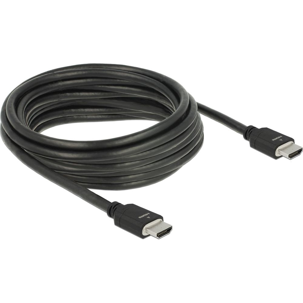 Een opgerold zwart HDMI-kabel met beide connectoren zichtbaar op witte achtergrond.