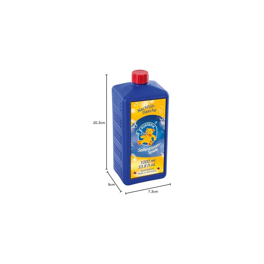 Niebieska butelka uzupełniająca do baniek mydlanych z czerwonym korkiem, 1000 ml.