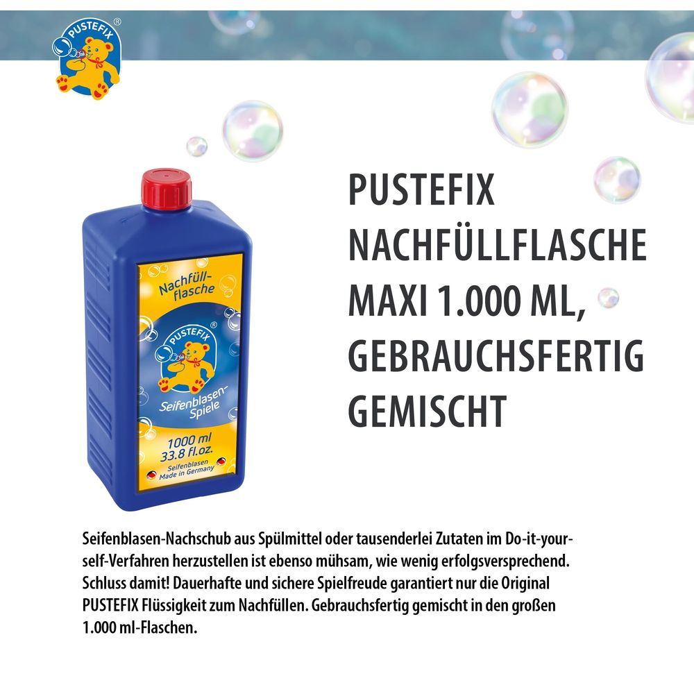 Niebieska butelka uzupełniająca PUSTEFIX z czerwonym korkiem, 1000 ml, do baniek.