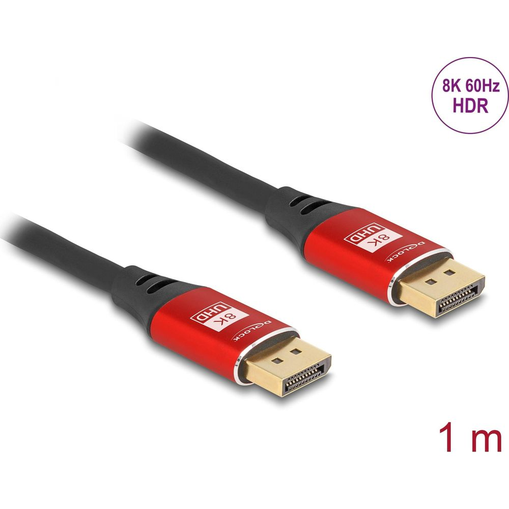 Ein schwarzes Kabel mit roten DisplayPort-Steckern, 8K 60Hz.