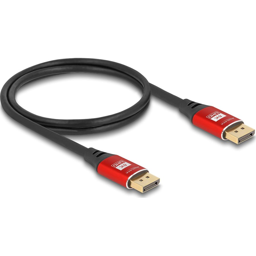 Schwarzes Kabel mit roten 8K UHD DisplayPort-Steckern auf weißem Hintergrund.