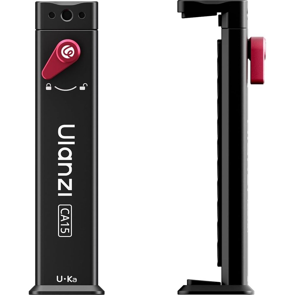 Czarny uchwyt do kamery z czerwonym pokrętłem blokującym i logo Ulanzi CA15.