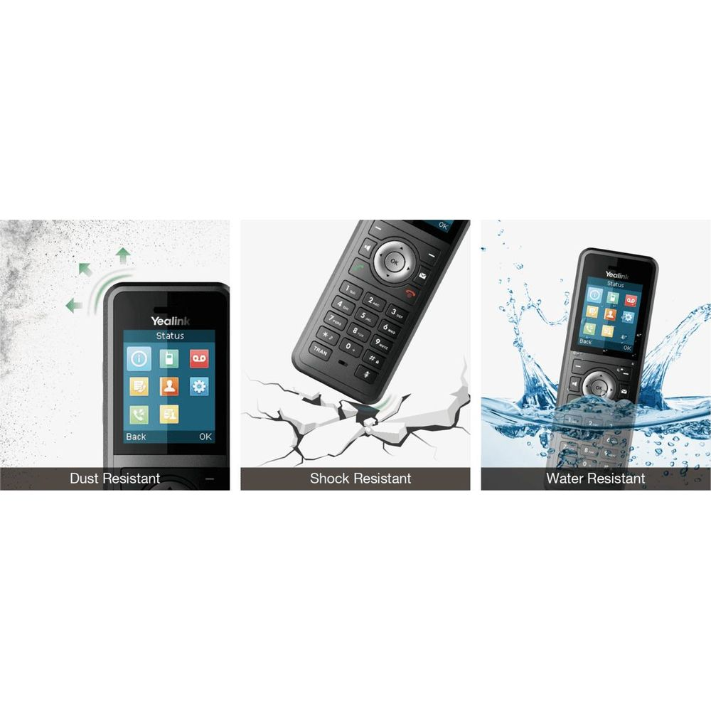Mostrati tre telefoni Yealink: resistenti a polvere, urti e acqua.