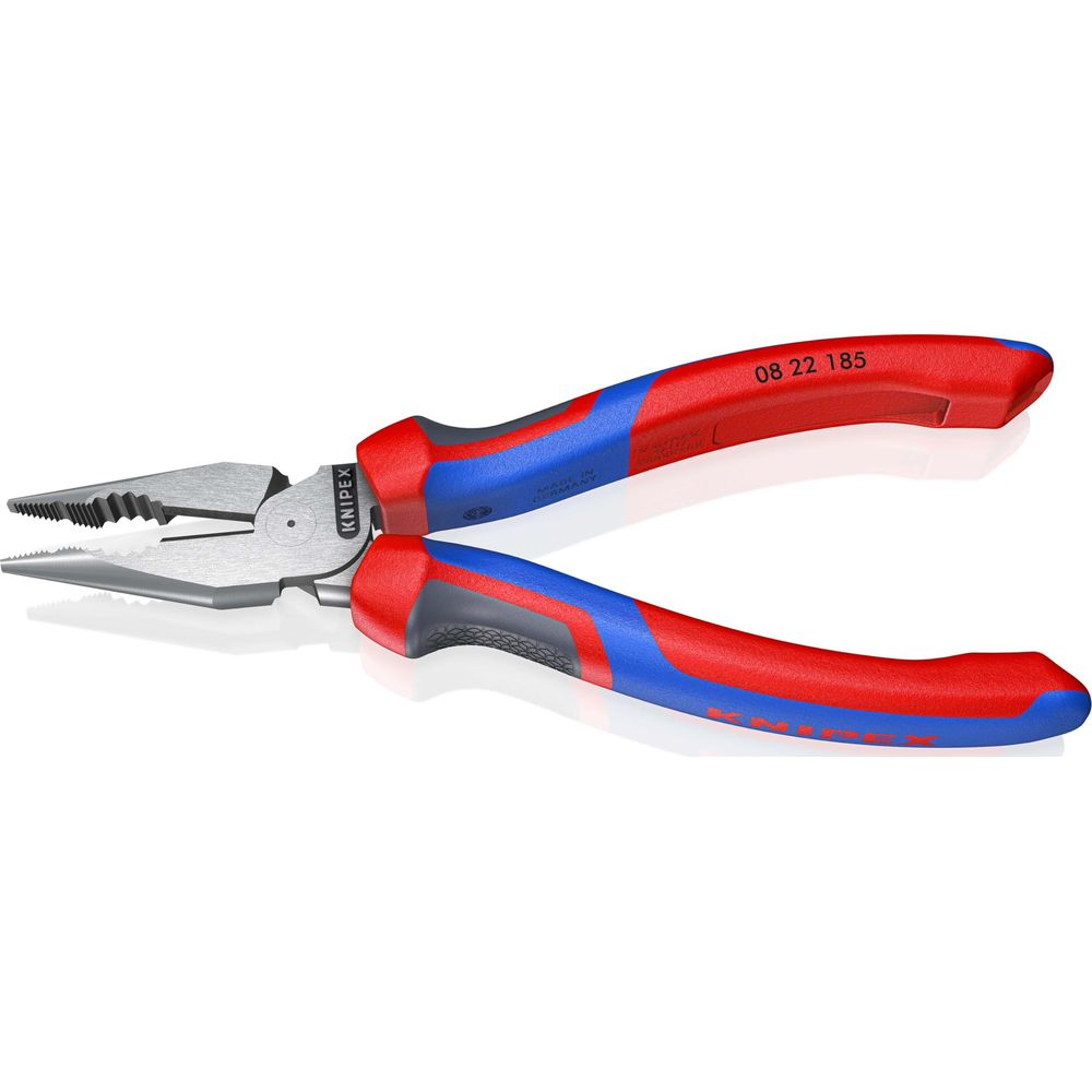 Szczypce z czerwono-niebieskimi uchwytami, na białym tle.