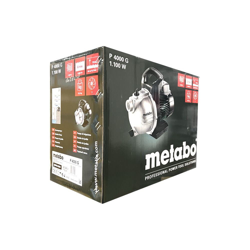 Pudełko pompy ogrodowej Metabo P 4000 G 1.100 W z obrazem produktu.