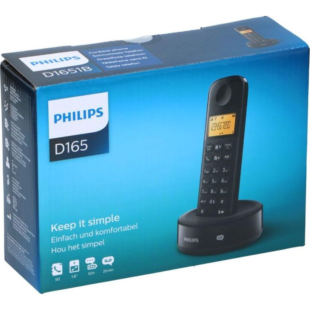Boîte d'un téléphone sans fil Philips D165 avec combiné sur sa base.