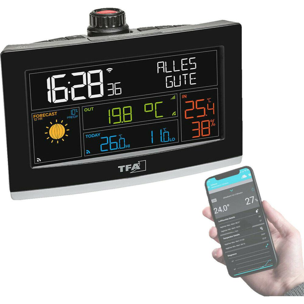 Horloge numérique avec données météo et smartphone. Affiche l'heure, la température, les prévisions.