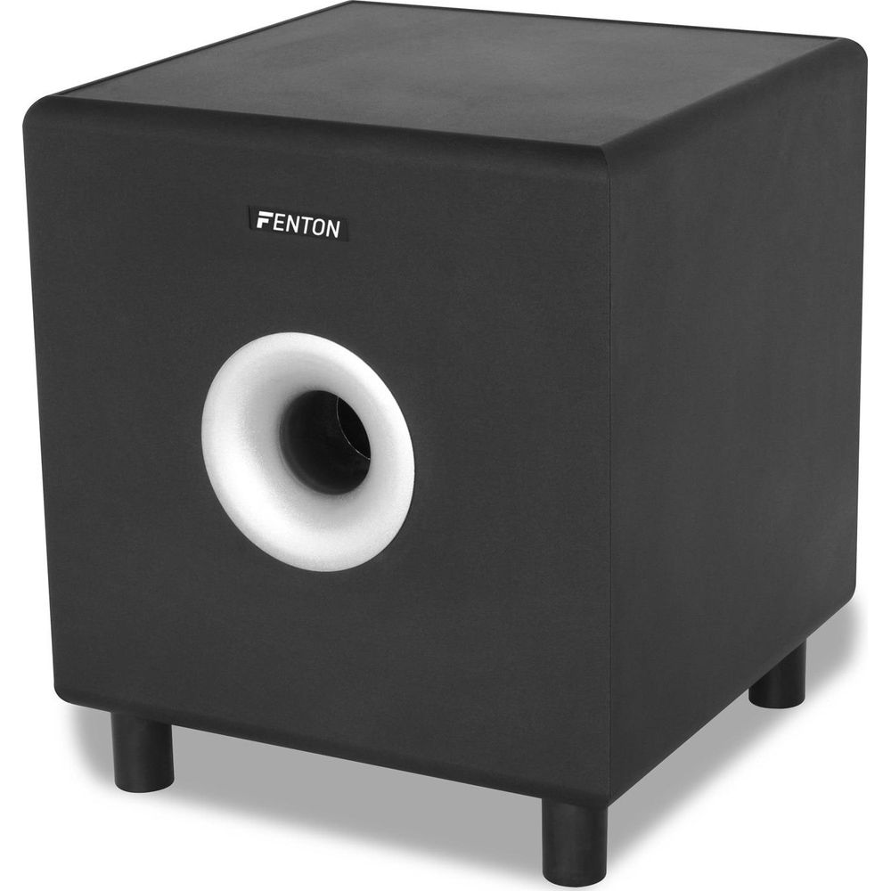 Caisson de basse noir avec un port bass reflex blanc et logo FENTON.