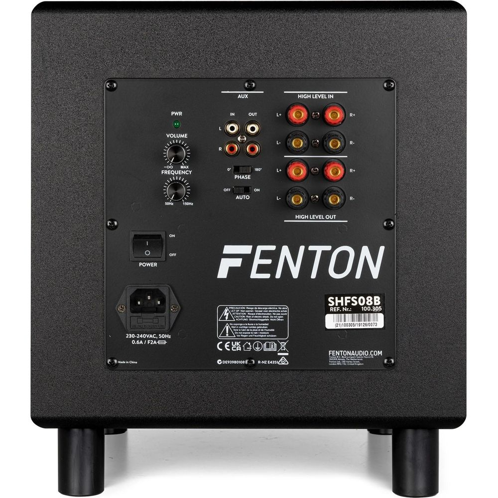 Panneau arrière d'un subwoofer FENTON noir, montrant les connexions et les commandes.