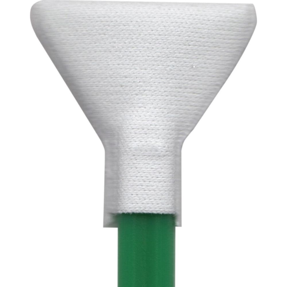Ein weißer Reinigungsstab mit flachem Kopf und grünem Griff.