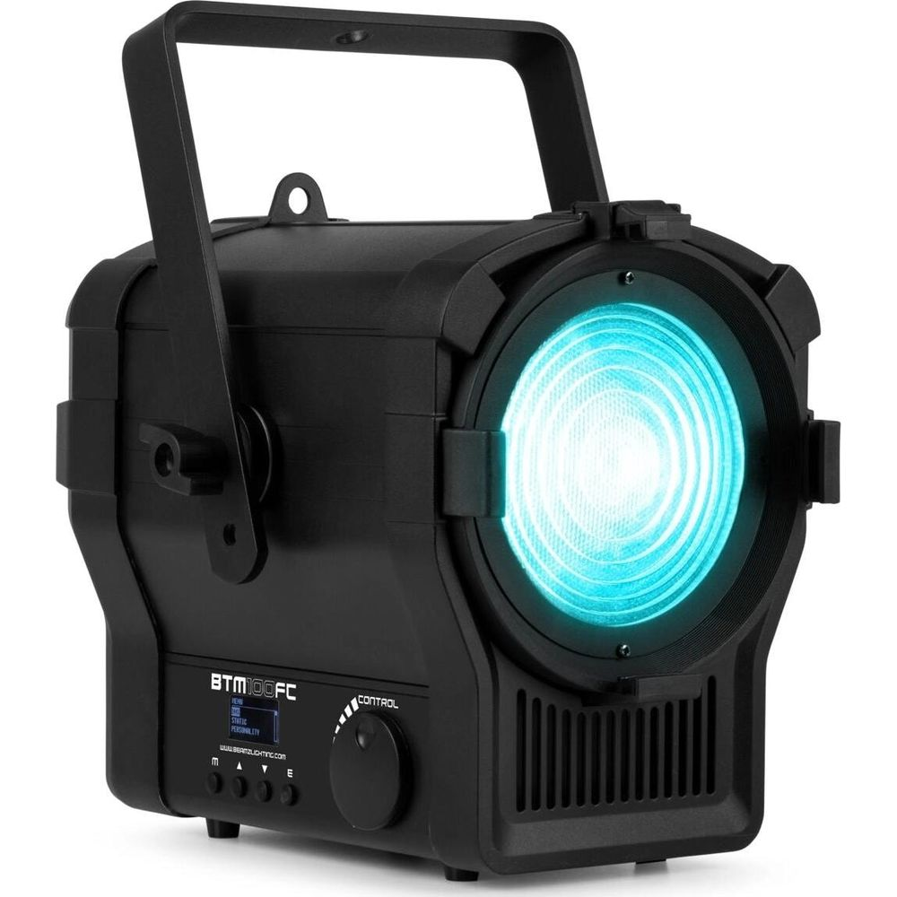 Un foco negro brilla intensamente con luz azul.
