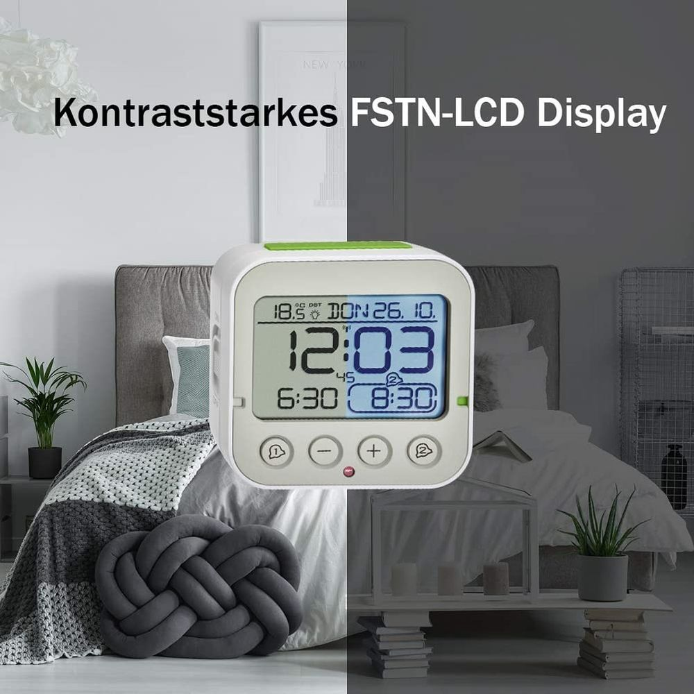 Digitaluhr zeigt 12:03, Datum 26.10, Temperatur 18.5°C.