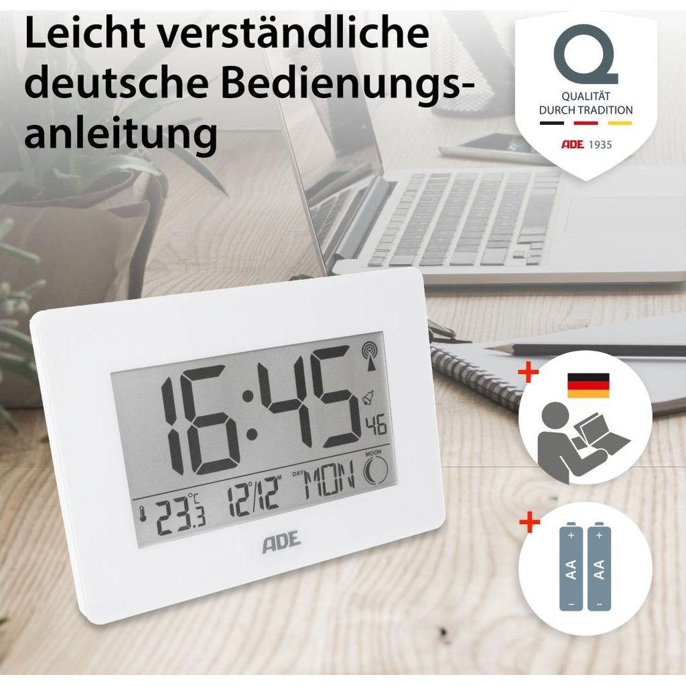 Ein digitales Thermometer zeigt 16:45 Uhr und 23,3°C an. Deutsche Anleitung.