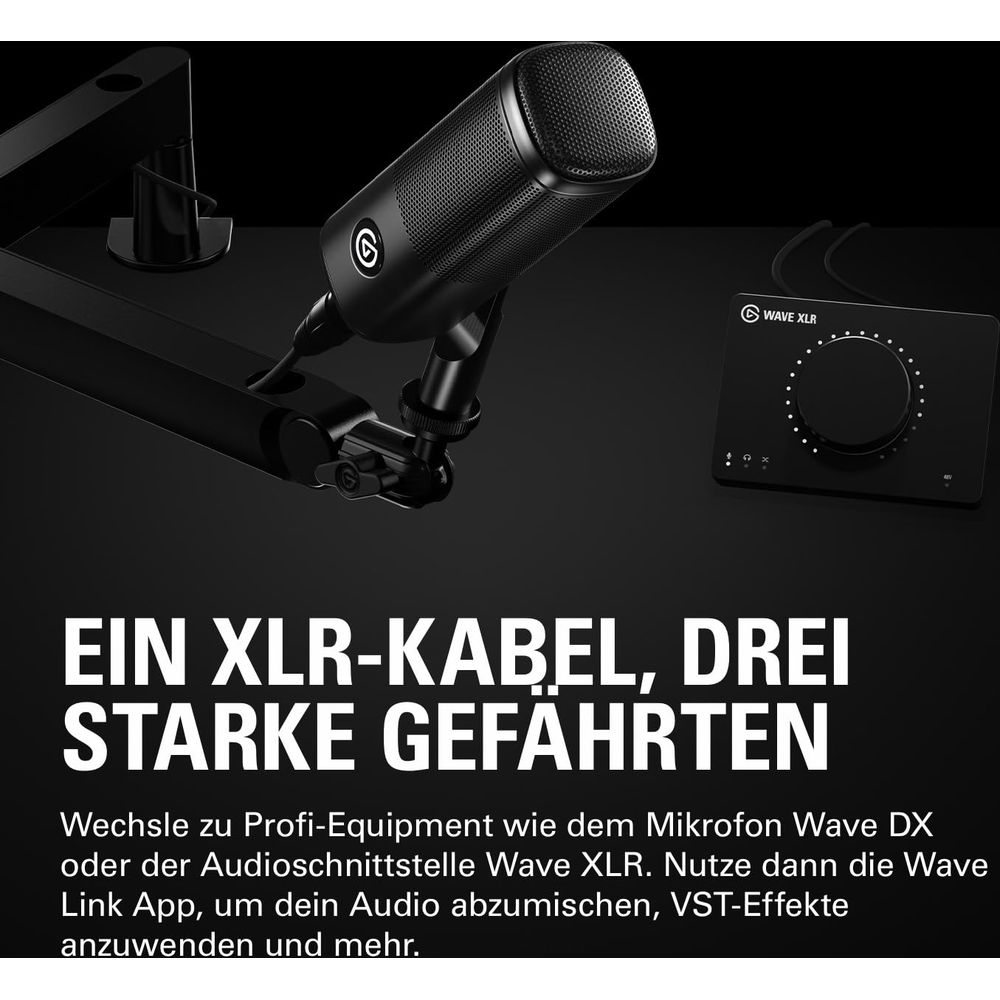 Ein schwarzes Mikrofon auf einem Galgenarm neben einem schwarzen Wave XLR Gerät.